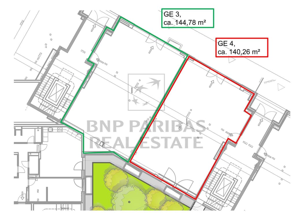 EG, GE 3, ca. 144,78 m²; GE 4, ca. 140,26 m²